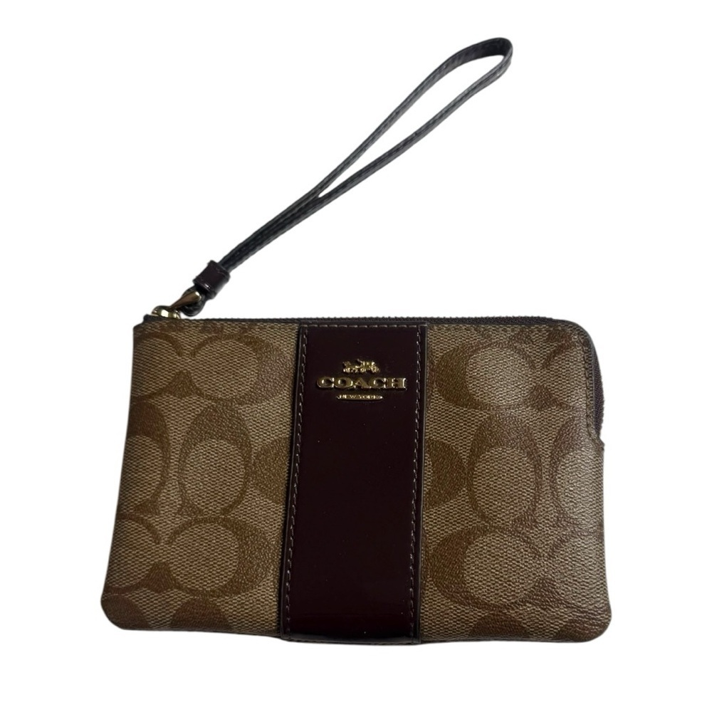 Coach Signature Logo Coated Canvas & Leather Tan and Brown Wristlet